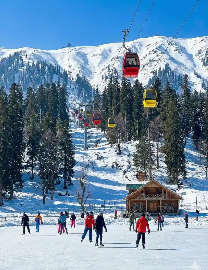 A winter scene in a ski resort showing a cable car system with red and yellow gondolas passing over a snowy landscape with green pine trees, a wooden lodge, and crowds of people on the snow against a backdrop of snow-covered mountains.