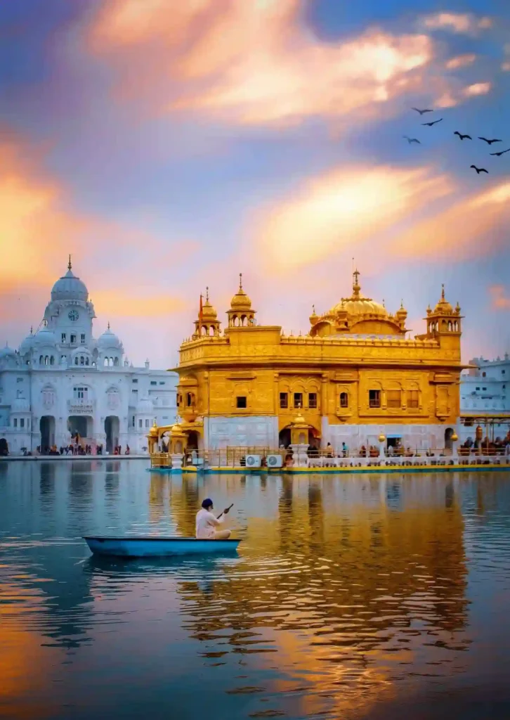 A vibrant sunset shot of the Golden Temple with a soft pink and orange sky. In the foreground, a lone person rows a small blue boat on the reflecting water, while birds fly overhead near the gleaming golden shrine and white marble buildings.